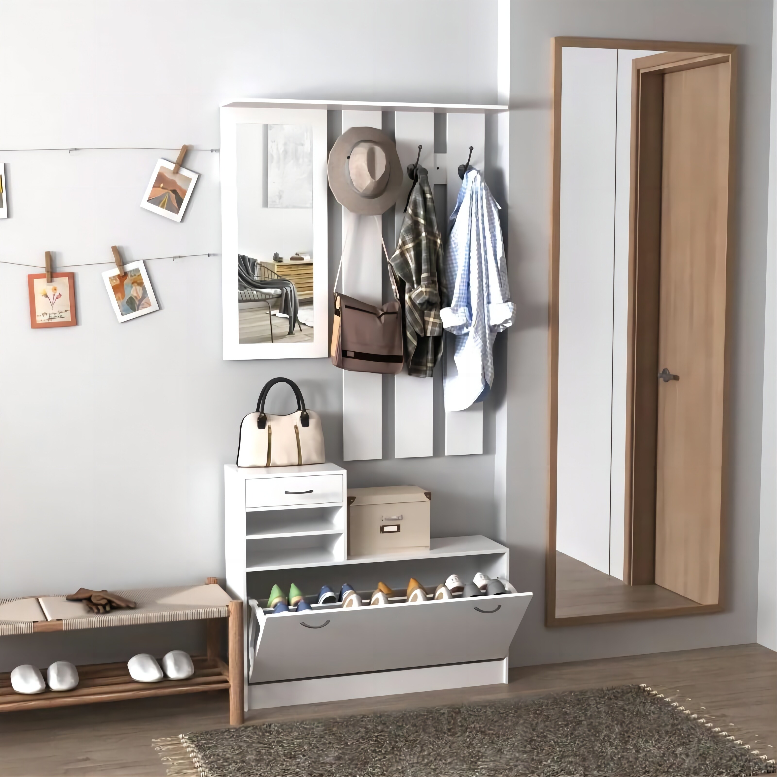 Combination Model Gate Cabinet with Shoe Cabinet and Hang Shelf and Mirror White